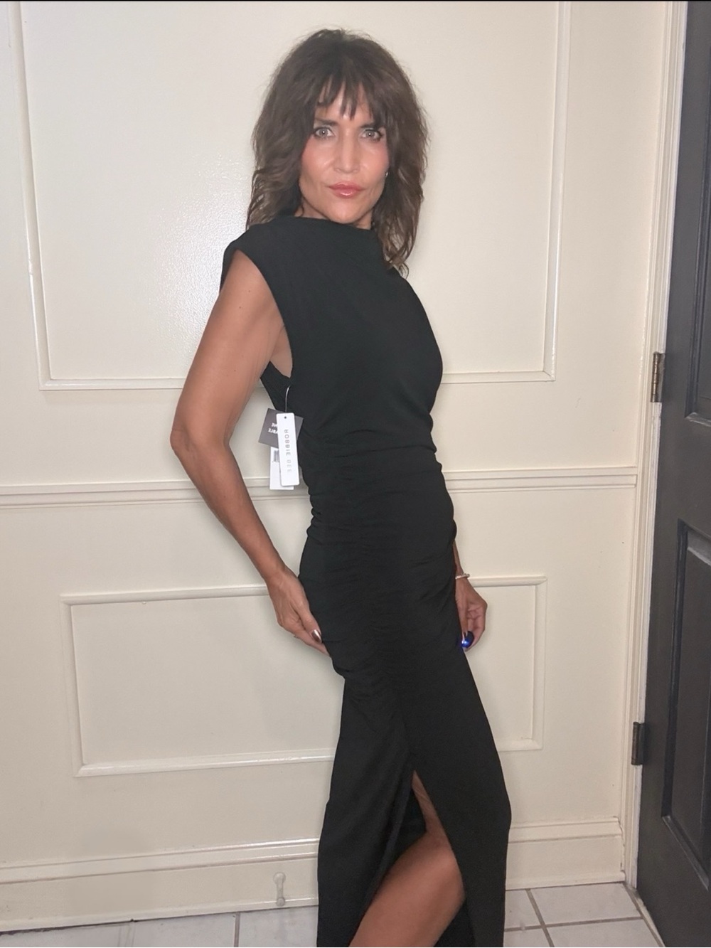 NWT Robbie Bee Black Ruched Drape Neck Maxi Dress Size M